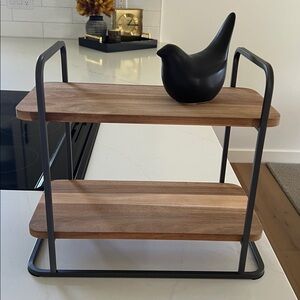 Two-Tier Wooden Shelf with Black Bird Decor